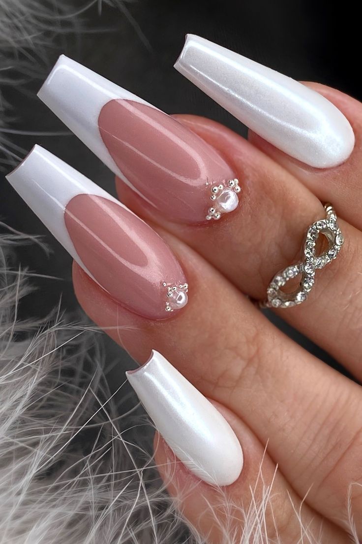 Coffin Mix Base Nude With White French And Diamonds