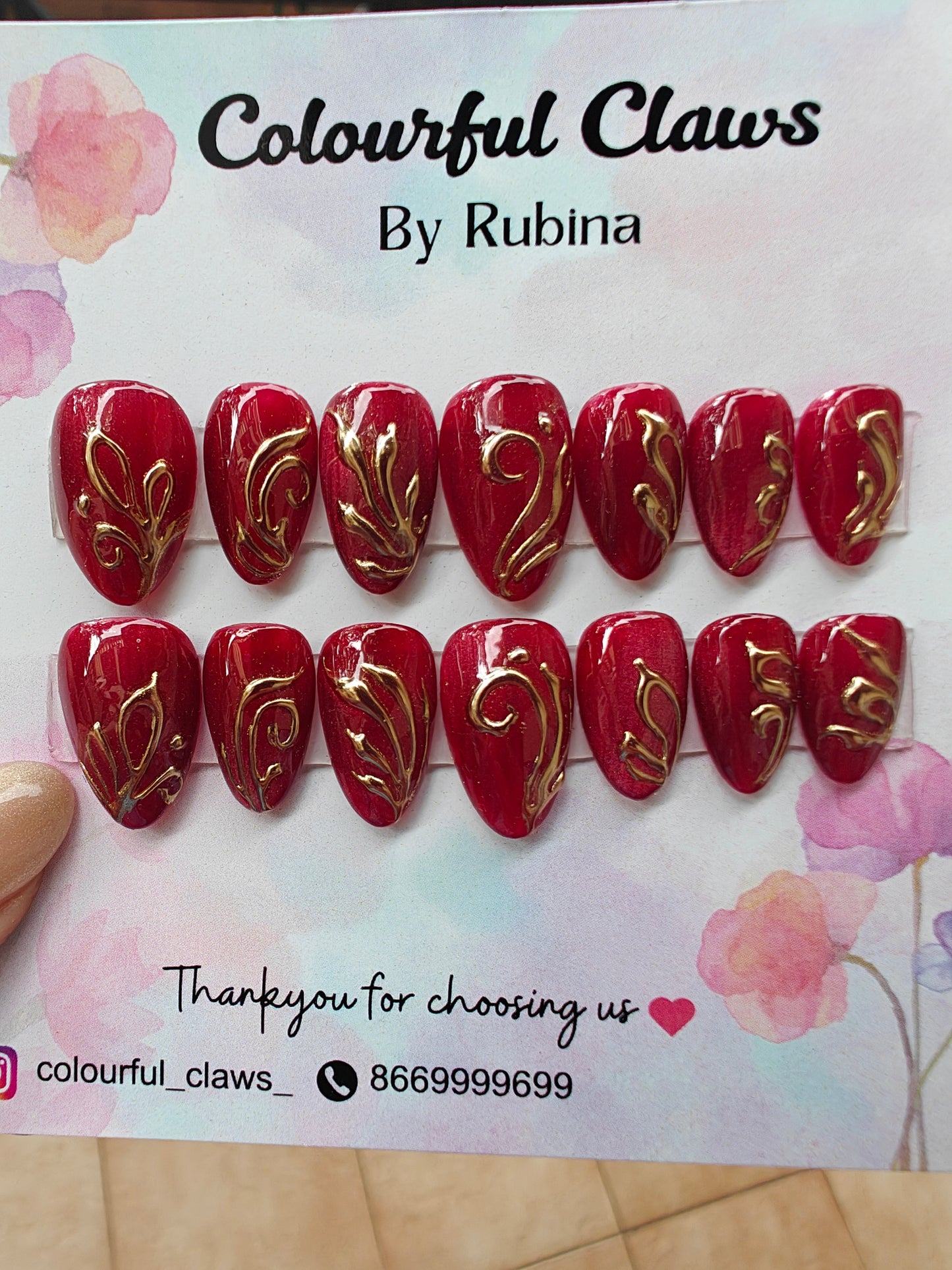 Short Almond Red Cateye With Golden Swirls Chrome And Bridal