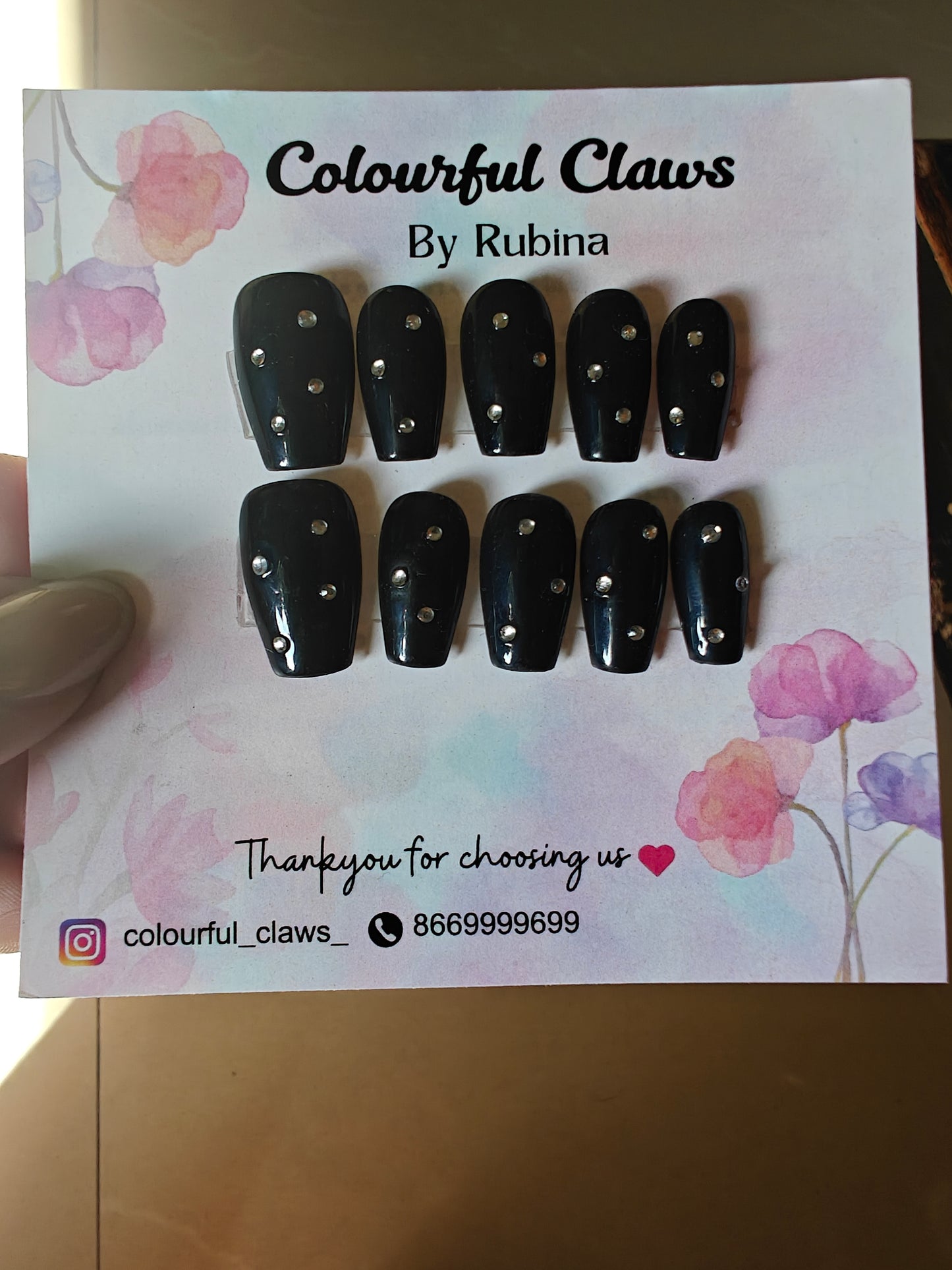 Black Coffin Solid Rhinestone Nails