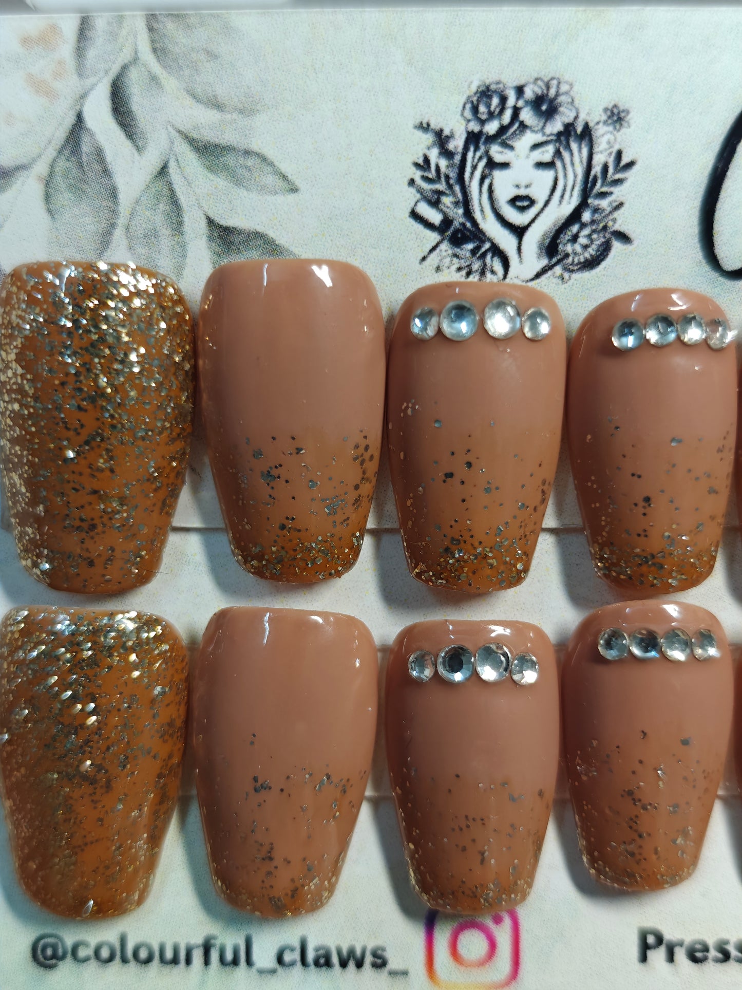 Coffin Brown Base With Golden Glitter Ombre And Stone