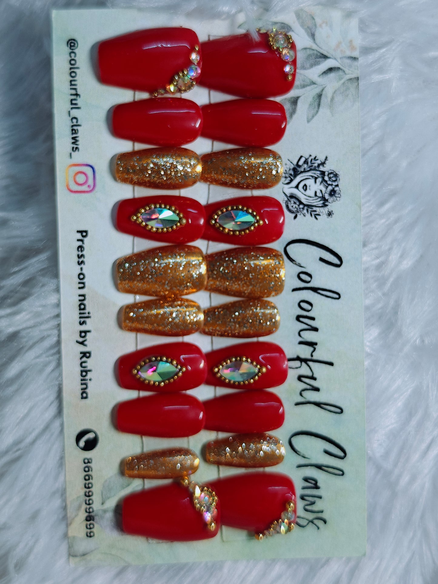 Coffin Red Solid And Golden With Stones And Diamond nails for Brides