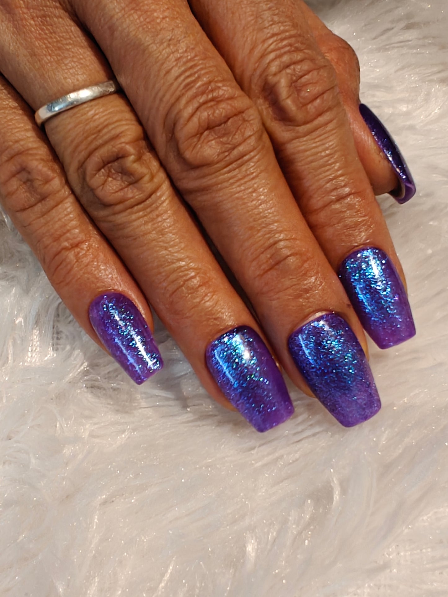 Short Almond Purple Blue Holographic Nails