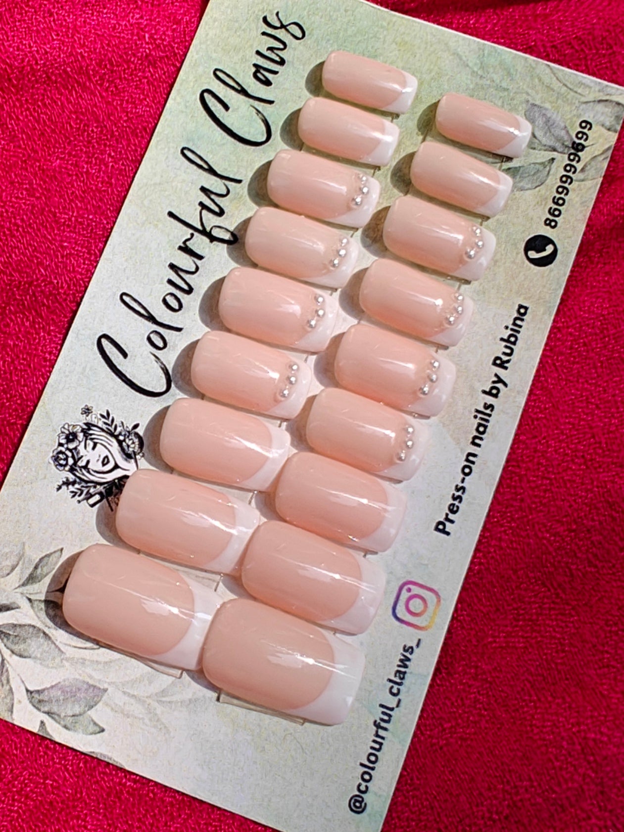 Coffin Pink Base White French with Pearls