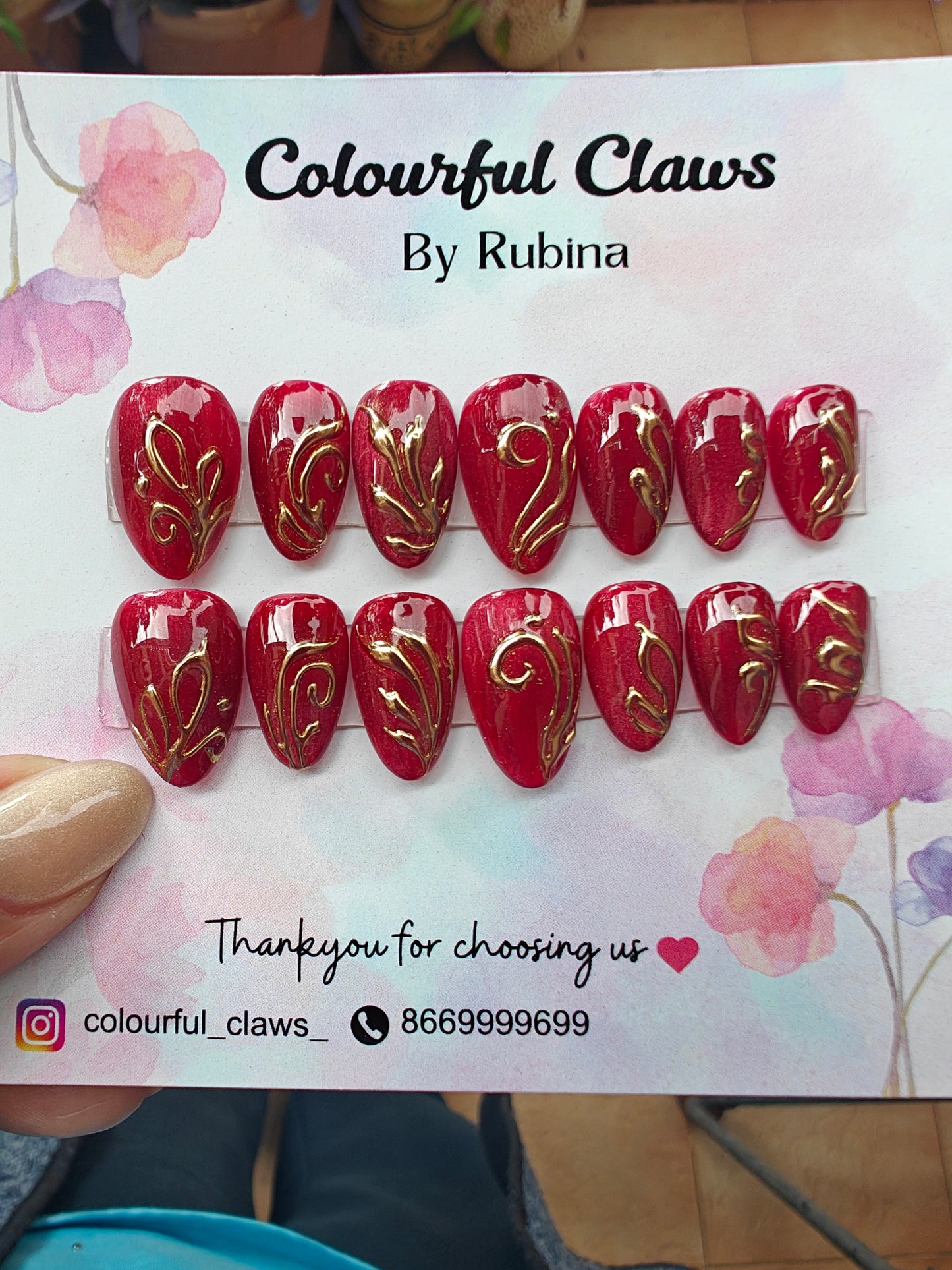 Short Almond Red Cat eye with golden swirls