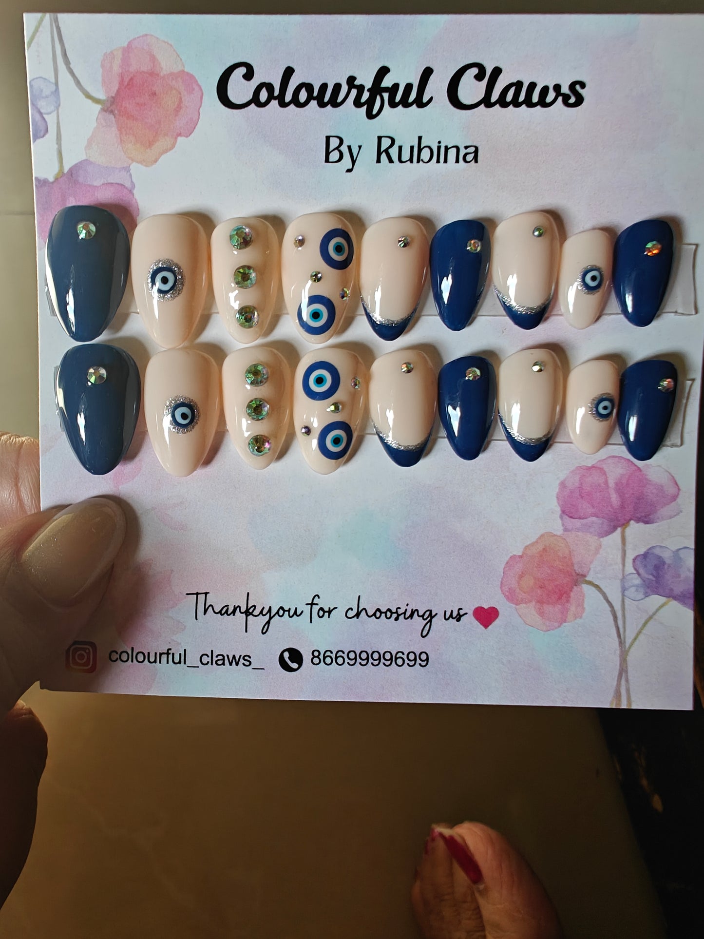 Short Almond Cream Nude With Evil Eye And Stone