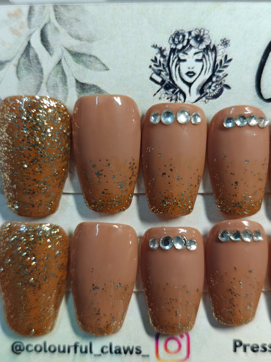 Coffin Brown Base With Golden Glitter Ombre And Stone