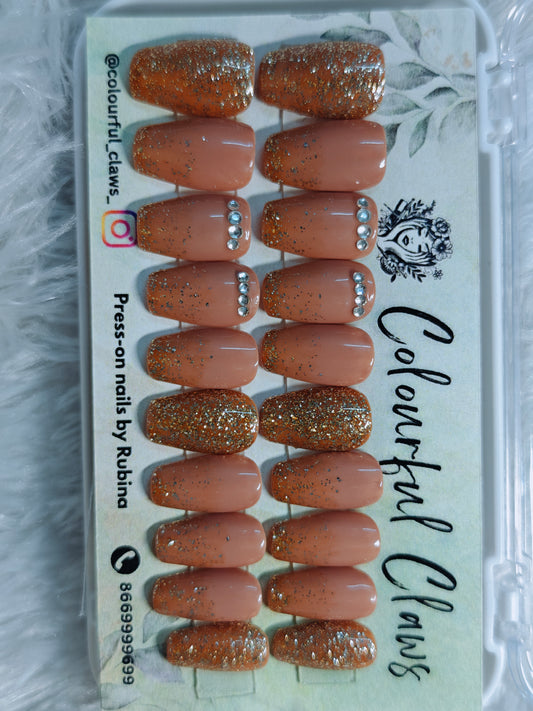 Coffin Brown Base With Golden Glitter Ombre And Stone