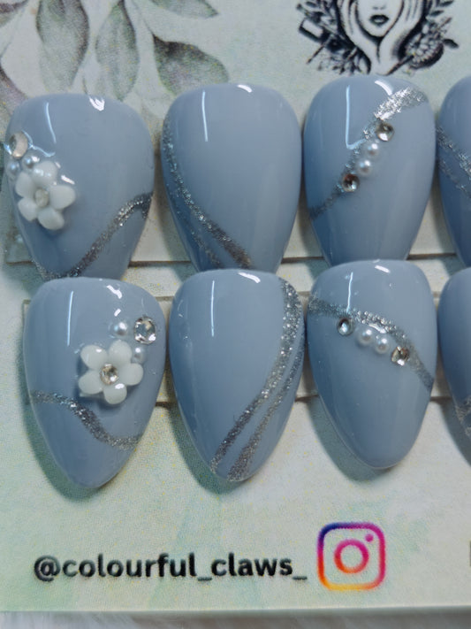 Short Almond Grey Base With Silver Swirls Flower Accessories And Stone