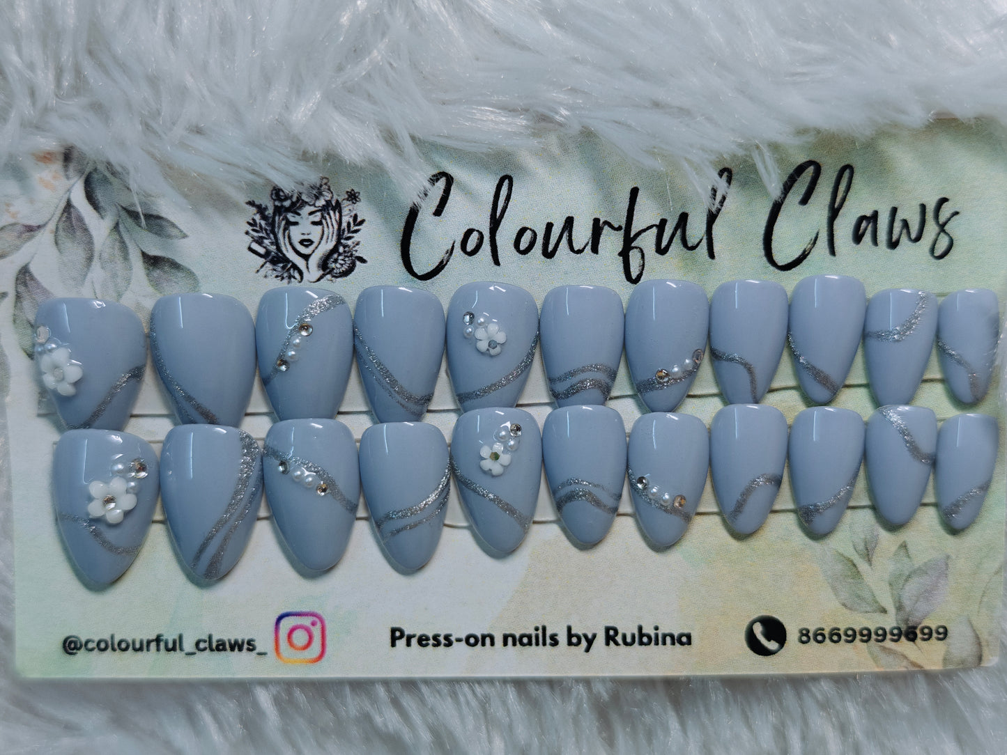 Short Almond Grey Base With Silver Swirls Flower Accessories And Stone