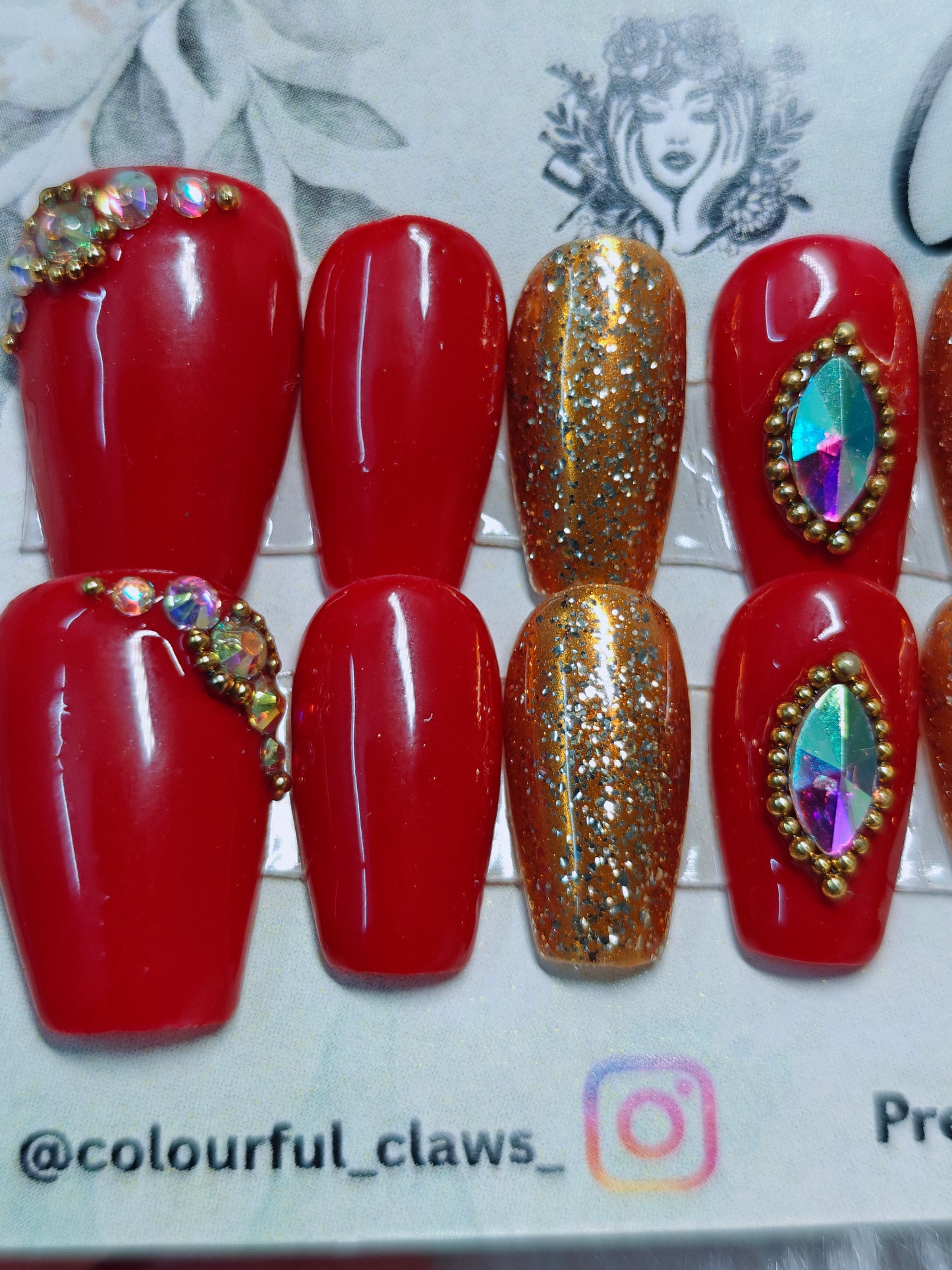 Coffin Red Solid And Golden With Stones And Diamond nails for Brides
