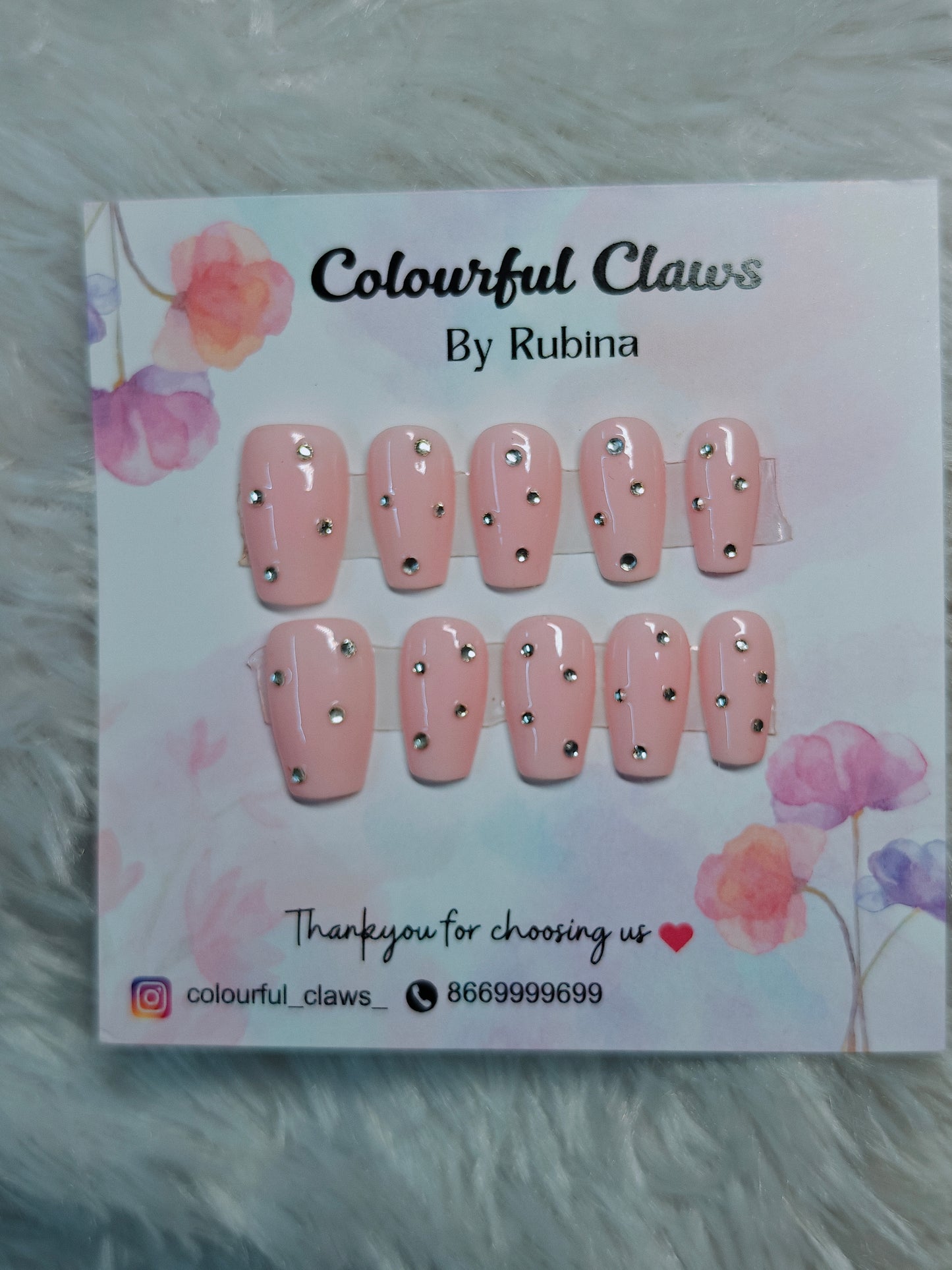 Pink Coffin Rhinestone Nails