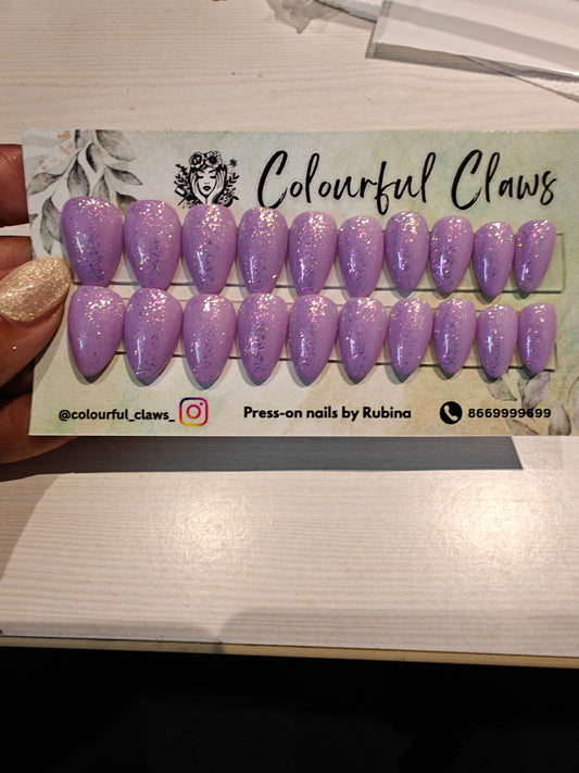 Short Almond Purple Shimmer Nails