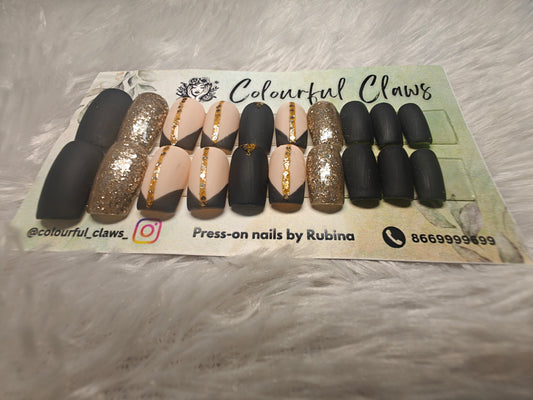 Square Black & Golden shimmer nails