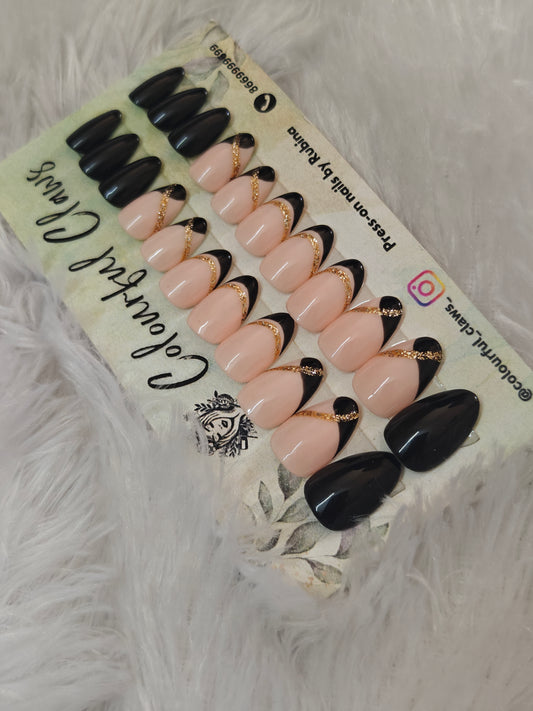 Nude Black French Short Almond Nails