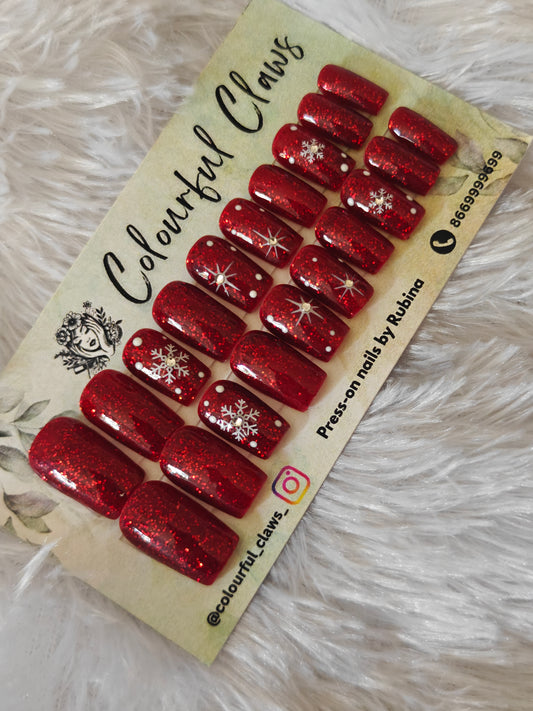 Square Red Glitter Nail with Snow Flakes