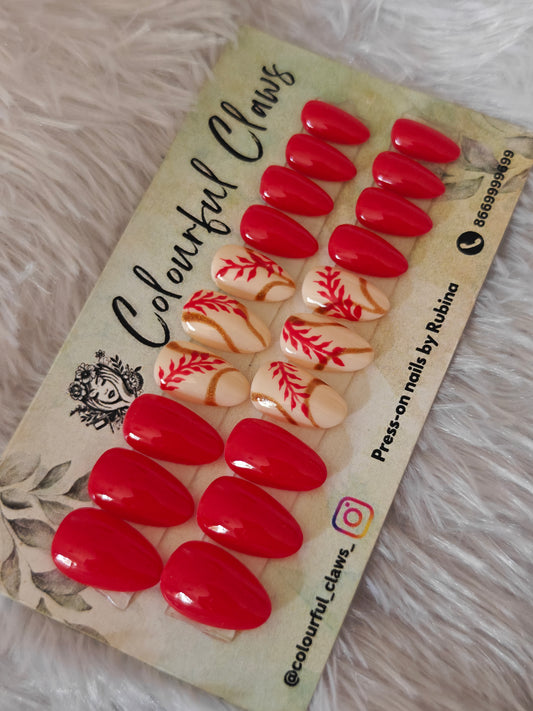 Short Almond Red nails with leaf & swirls