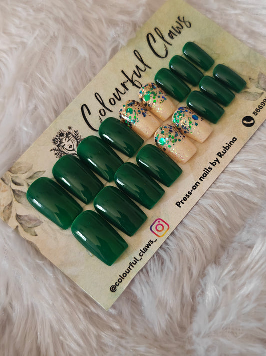 Green and Glitter Square nails