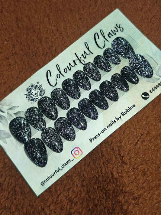 Short Almond Black Flash Glitter