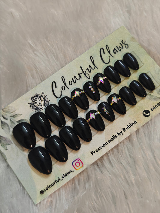 Short Almond Black with Rhinestone