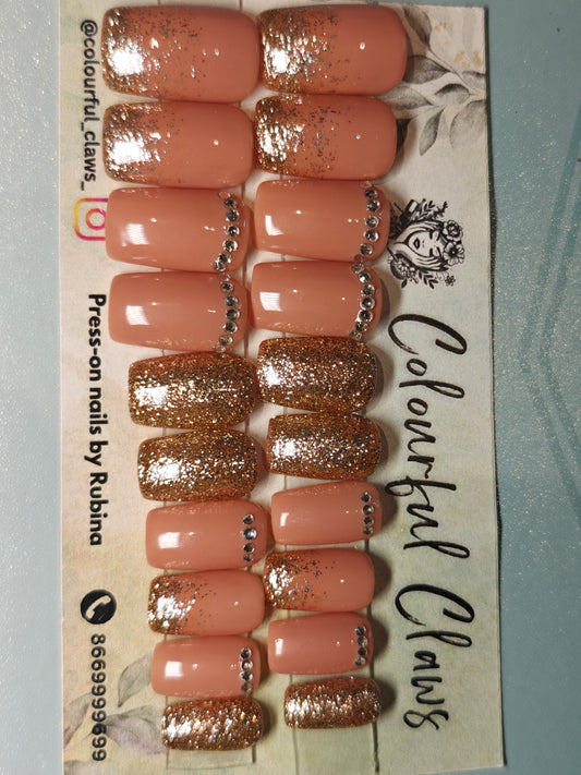 Square Nude With Golden Glitter Ombre And Stone