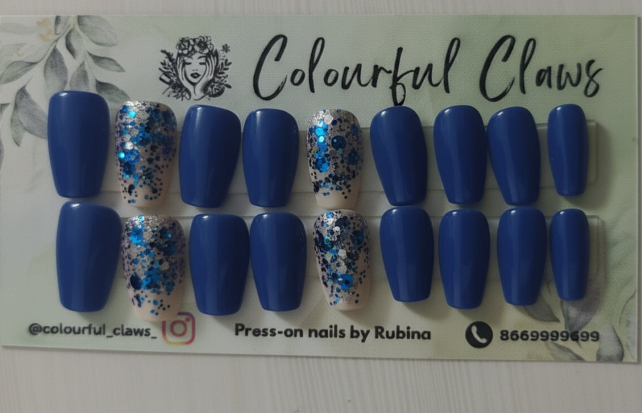 Square Blue Nails with Glitters