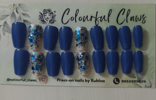 Square Blue Nails with Glitters