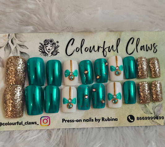 Short Square Nails with Green Chrome and Christmas Snow Ball/Bow with Golden Glitter