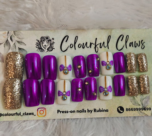 Short Square Nails Purple Chrome , Christmas Snow Ball with Golden glitter