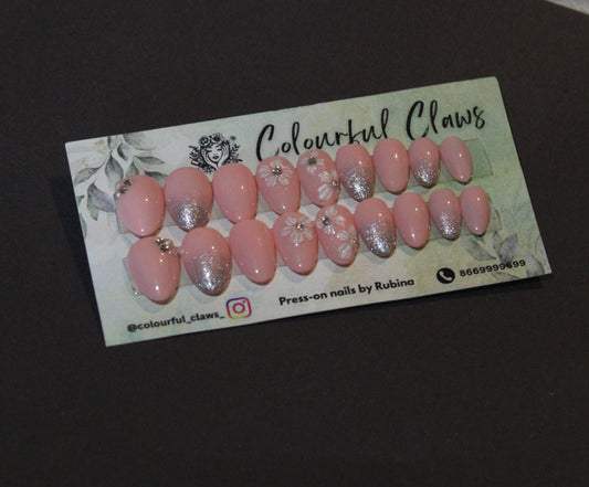 Short Almond nails with Silver ombre and 2D flowers