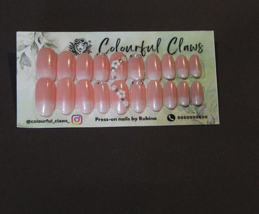 Round Nails perfect Baby Boomer Ombre Nails with 3D flowers