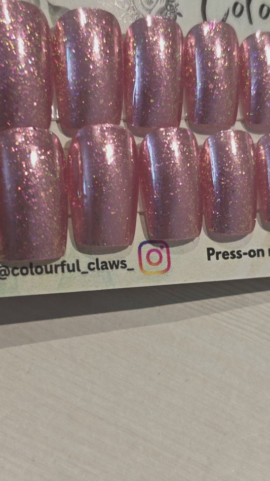 Square Pink Chrome With Shimmer Nails
