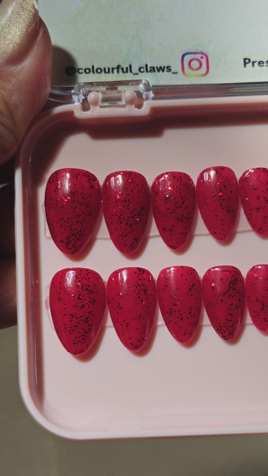 Short Almond Solid Red Glitter Nails